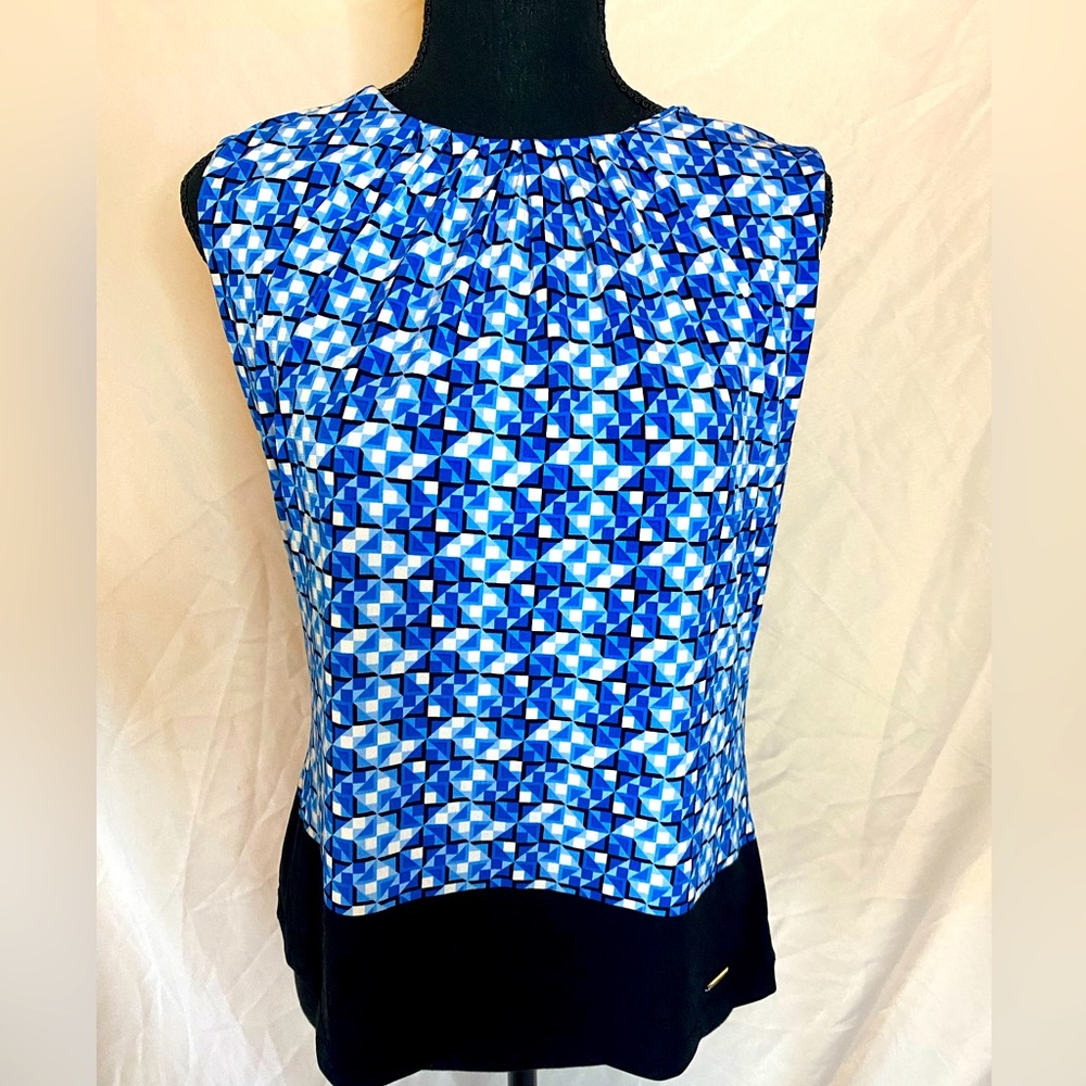 Calvin Klein blue and black sleeveless top, pleaded neck